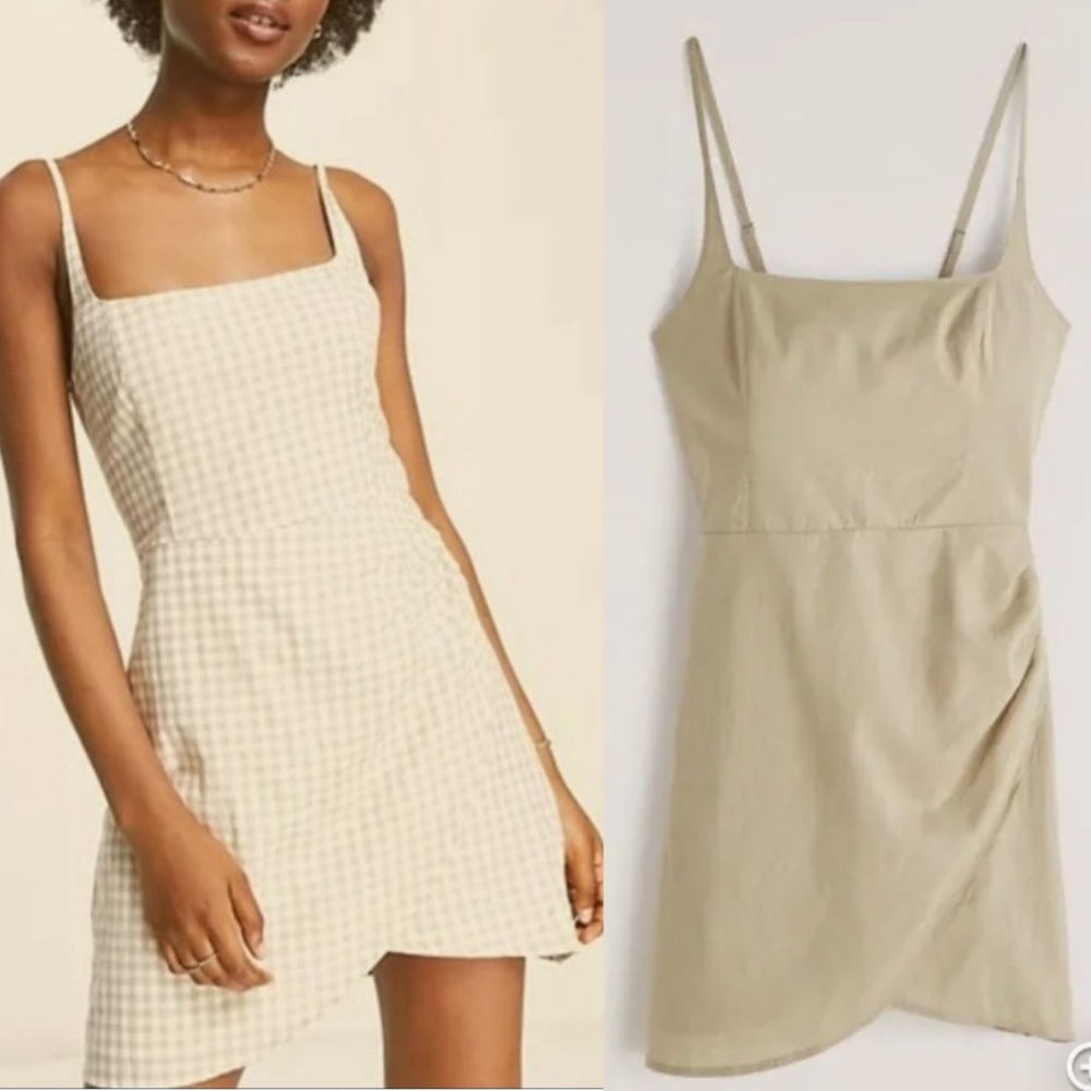 NEW Abercrombie Square Neckline Mini Dress Faux Wrap Skirt Khaki Green Medium